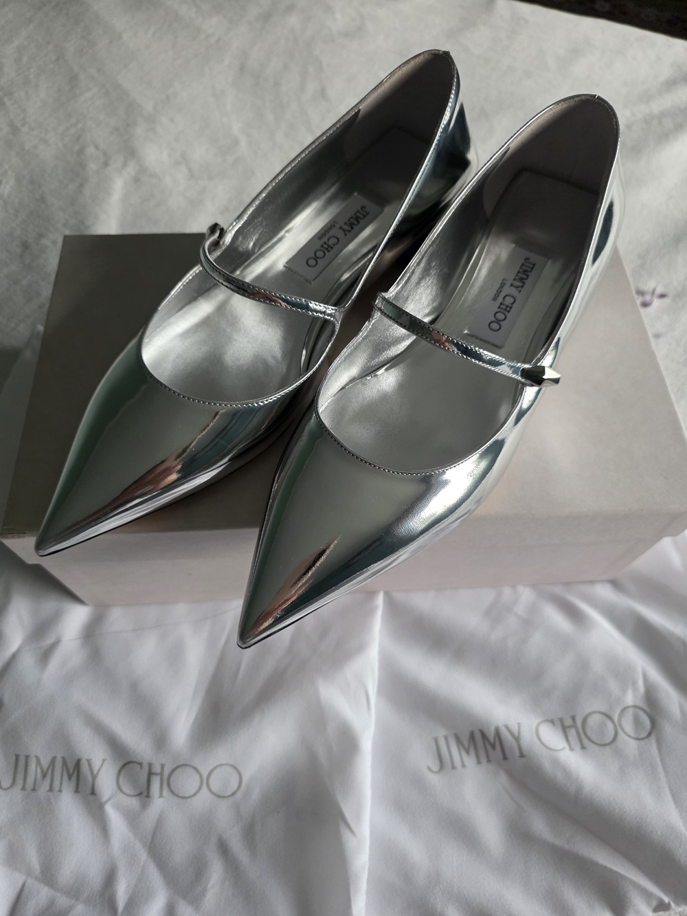 Jimmy Choo Silver Pointed Mary Jane Flats